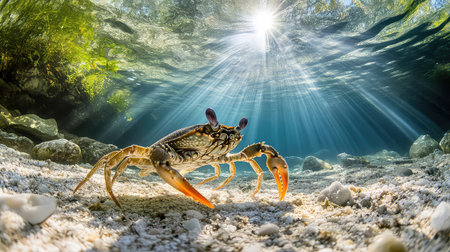 A vibrant underwater photograph capturing a colorful crab in its natural habitat, with sunlight filtering through the ocean surface, highlighting its unique features.の素材
