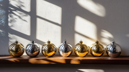 A stunning arrangement of gold and silver Christmas ornaments lies on a wooden shelf, beautifully showcasing reflections and shadows in natural light.の素材