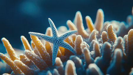 A stunning close-up of a starfish nestled among vibrant coral in a clear ocean setting. This image captures the intricate textures and colors of underwater life.の素材