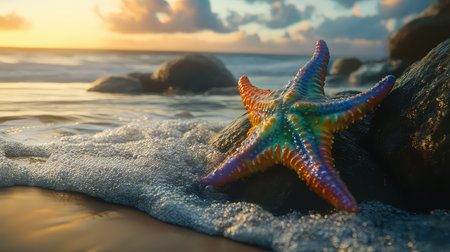 A vibrant starfish rests on a rock by the shoreline at sunset, surrounded by gentle waves and scenic clouds, showcasing nature's beauty.の素材