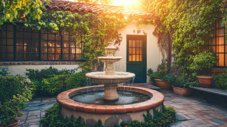 A serene courtyard features a beautiful stone fountain surrounded by lush greenery, inviting visitors to enjoy the peaceful ambiance as sunlight warms the space.の素材