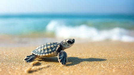A tiny baby sea turtle makes its way across a sandy beach towards the sparkling ocean, showcasing the beauty of nature and new beginnings.の素材