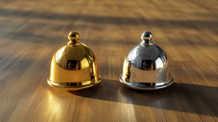 Two elegant serving bells in gold and silver sit on a wooden tabletop, reflecting soft light. Ideal for culinary presentations or hospitality themes.の素材