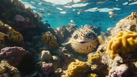 A captivating underwater scene featuring a cheerful puffer fish swimming among vibrant coral formations in a tropical ocean environment.の素材