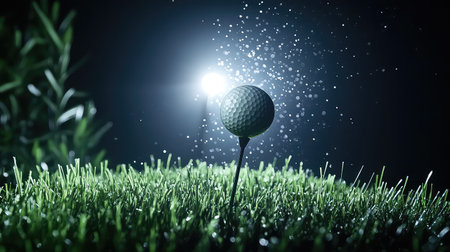 A captivating close-up image of a golf ball resting on a tee surrounded by lush green grass, illuminated by dynamic lighting and sparkling water droplets, highlighting the beauty of the sport.の素材