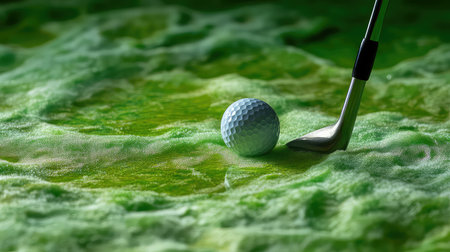 A close-up view of a golf ball resting on vibrant green grass with a golf iron club poised above, capturing the essence of the sport.の素材