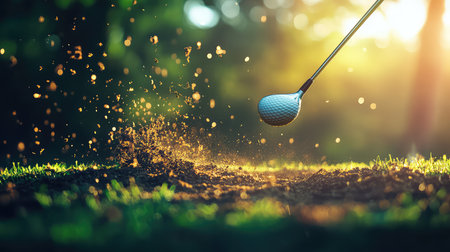 This captivating image captures a golfer in mid-swing, with dirt flying from the ground and sunlight illuminating the scene, showcasing the essence of sport.の素材