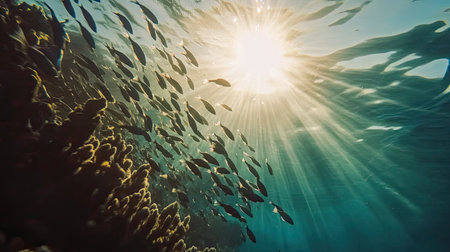 A captivating underwater view showcasing a vibrant school of fish swimming near a coral reef, illuminated by sunlight filtering through the clear ocean water.の素材
