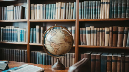 A beautifully aged globe rests on a wooden desk, surrounded by an impressive collection of vintage books on shelves, evoking a rich atmosphere of knowledge and exploration.の素材