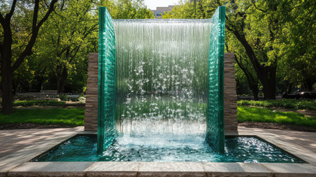 This stunning waterfall installation features a sleek design with flowing water that creates a tranquil atmosphere in an urban park, surrounded by lush greenery.の素材