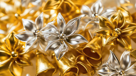 A collection of elegant golden and silver decorative flowers and bells, perfect for festive occasions and holiday celebrations, showcasing intricate design.の素材