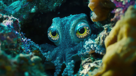 An enchanting underwater scene featuring a curious octopus peering from its coral cave, showcasing vibrant colors and rich marine textures, revealing ocean life.の素材