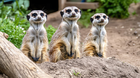 A trio of meerkats stands upright in their natural habitat, capturing a moment of curiosity and alertness. Their playful demeanor showcases social interaction in the wild.の素材