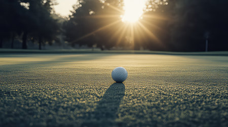 A close-up view of a golf ball resting on a verdant green, illuminated by the warm rays of the morning sun, creating a tranquil sports scene.の素材