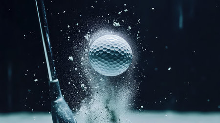 A striking high-speed photograph capturing the moment a golf club strikes a ball, sending dust and debris into the air, symbolizing precision and skill.の素材