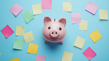 A charming piggy bank sits against a vibrant blue backdrop, surrounded by colorful sticky notes that symbolize saving and budgeting principles in a playful way.の素材
