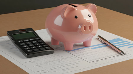 Image features a pink piggy bank and calculator resting on a financial planning worksheet. This scene represents essential tools for budgeting and saving money effectively.の素材