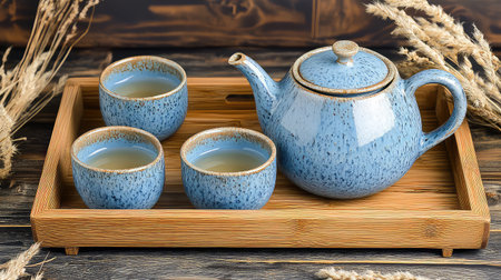 A serene arrangement featuring an elegant blue teapot and matching cups set on a wooden tray, accompanied by dried grasses. Perfect for highlighting tea culture.の素材