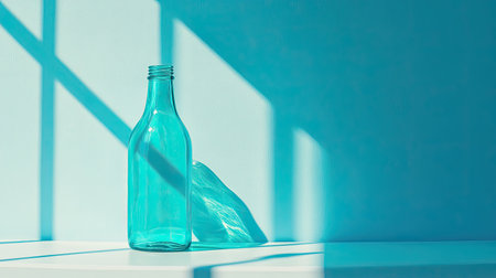 A turquoise glass bottle stands elegantly on a white surface, casting striking shadows on a bright wall, creating a peaceful and minimalistic atmosphere.の素材