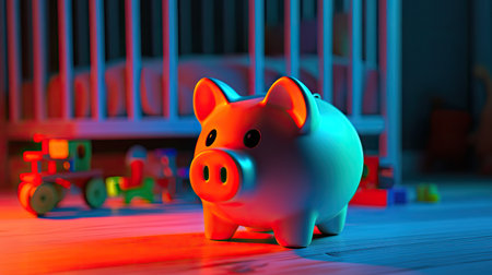 A vibrant piggy bank sits in a beautifully lit nursery, surrounded by colorful toys, symbolizing the importance of savings in childhood.の素材