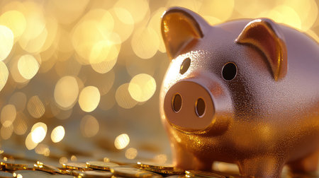 This close-up image features a shiny piggy bank nestled among golden coins, surrounded by soft bokeh lights, representing themes of savings and financial growth.の素材