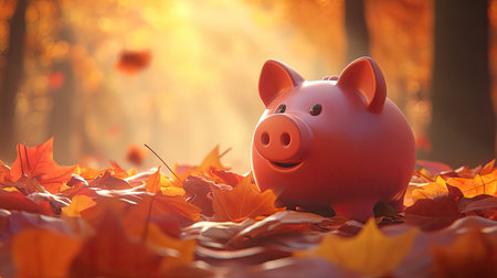 A charming piggy bank sits amidst a vibrant array of autumn leaves in a tranquil forest, capturing a joyful mood of saving money and seasonal beauty.の素材