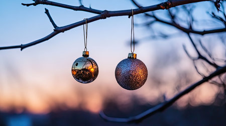 Two decorative holiday baubles hang on a bare branch during a vibrant sunset, reflecting the beauty and tranquility of winter evenings.の素材