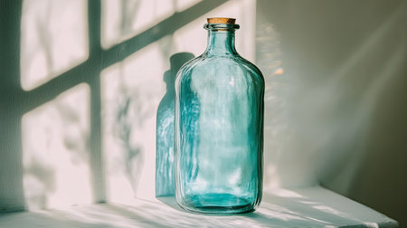 A clear glass bottle with a cork stopper stands elegantly on a white surface, surrounded by soft shadows and warm sunlight, creating a serene atmosphere.の素材