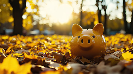 A bright yellow piggy bank rests on a bed of colorful autumn leaves, illuminated by the soft glow of the sunlight, creating a cozy financial scene.の素材