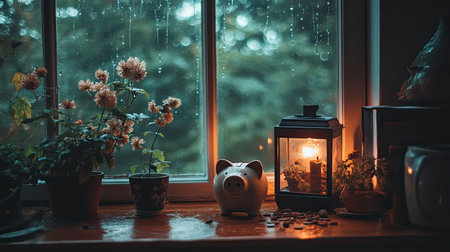 A tranquil indoor scene featuring potted flowers, a lit candle, and a piggy bank on a wooden table, with raindrops adorning the window, creating a serene atmosphere.の素材