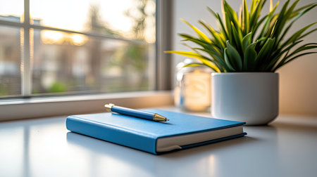 A serene scene featuring a blue notebook and pen on a bright white table, complemented by a lush green plant, set against a softly lit window, creating an inviting workspace atmosphere.の素材