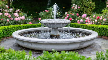 This enchanting garden features a classic stone fountain with cascading water, surrounded by vibrant roses, creating a peaceful outdoor retreat.の素材
