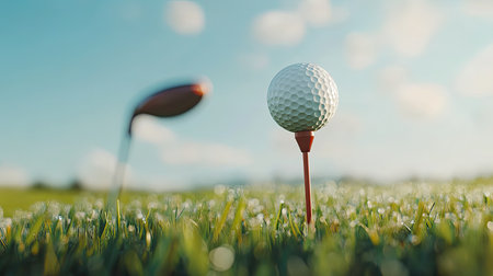 A close-up image of a golf ball perched on a bright tee, with a golf club in the background. The scene captures the tranquility of a lush green golf course at sunrise.の素材