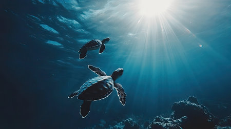 Experience the beauty of marine life with this serene image of two sea turtles swimming gracefully beneath the sunlit ocean surface.の素材