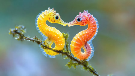 Two vibrant seahorses engage in a tender embrace, showcasing colorful patterns and textures against a soft-focus underwater backdrop, perfect for nature lovers.の素材