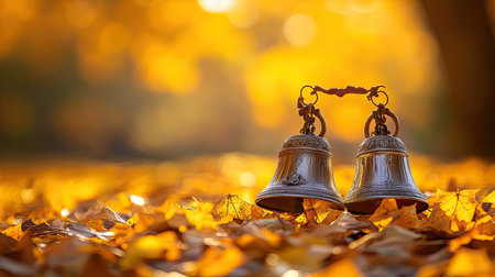 Two vintage bells rest gracefully on a carpet of golden autumn leaves, surrounded by a warm, blurred background of fall colors, embodying tranquility.の素材
