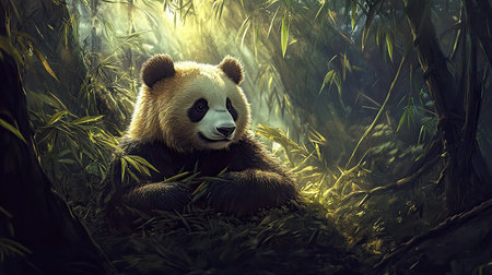 A captivating image of a giant panda resting peacefully in a lush bamboo forest, illuminated by soft sunlight filtering through the foliage, showcasing its natural charm.の素材