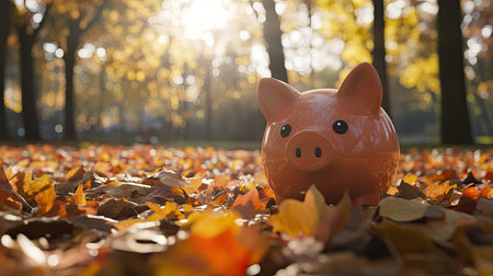 A charming piggy bank rests on colorful autumn leaves, illuminated by warm sunlight in a serene park, symbolizing savings and financial planning amid nature's beauty.の素材