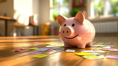 A charming pink piggy bank sits amidst colorful sticky notes, symbolizing savings and financial planning in a cozy indoor environment. Perfect for illustrating budgeting concepts.の素材