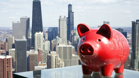 Bright red piggy bank sits on a glass surface against a stunning city skyline, representing financial goals, savings, prosperity, and modern lifestyle.の素材