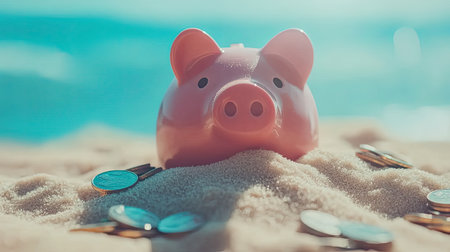 A cheerful pink piggy bank sits on soft sandy beach surrounded by shiny coins, symbolizing fun ways to approach saving, investing, and financial planning.の素材