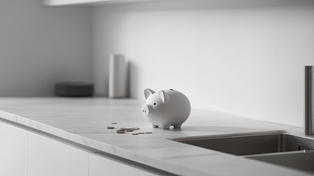 A minimalist white piggy bank stands on a clean kitchen counter, surrounded by scattered coins, highlighting themes of savings and financial organization.の素材