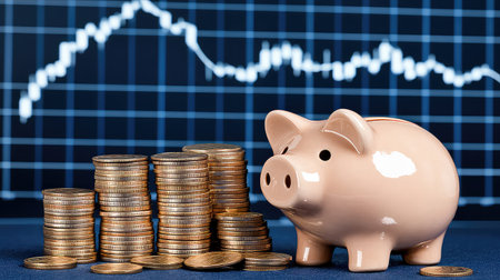 A piggy bank sits next to stacks of coins, representing concepts of finance and investment, highlighting savings strategies and financial growth potential.の素材