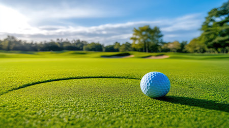 A stunning close-up of a golf ball resting on lush green turf, illuminated by soft sunlight under a serene blue sky, capturing the essence of outdoor sports.の素材