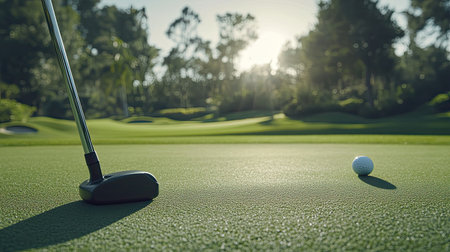 A captivating close-up of a golf putter poised near a golf ball on a lush green course, illuminated by the soft light of morning. The peaceful landscape invites relaxation and enjoyment of the sport.の素材
