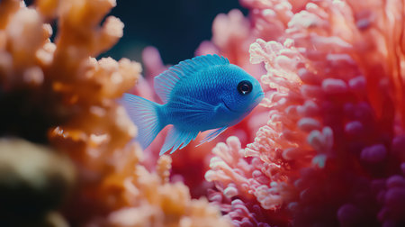 A stunning blue fish gracefully swims among colorful coral formations in a vibrant underwater ecosystem. This serene scene captures the beauty of marine life.の素材