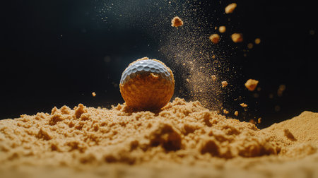 A stunning close-up of a golf ball rising from a sand trap, showcasing dust and particles in the air. This dynamic image captures the essence of golf.の素材