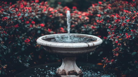 A captivating garden fountain surrounded by vibrant red flowers creates a tranquil atmosphere. The gentle water spray enhances the serene scene, perfect for relaxation.の素材