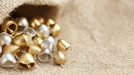 A close-up view of golden and silver jingle bells scattered on a rustic burlap fabric background. Perfect for holiday decor and craft projects.の素材