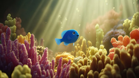 This captivating underwater scene showcases a bright blue fish gracefully swimming among colorful coral reefs, illuminated by soft sunlight filtering through clear ocean water. The vibrant colors and unique coral formations create a stunning visual of marine biodiversity and underwater beauty.の素材